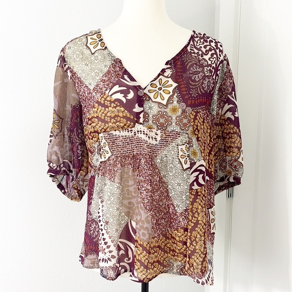 Anthropologie Left of Center Large Floral Purple/Gold V-Neck Top